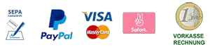 Angebotene Zahlarten: SEPA-Lastschrift, Paypal, Visa, Mastercard, Sofortüberweisung, Rechnung, Vorkasse